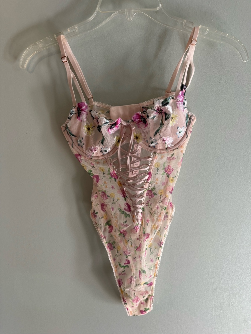 Victoria's Secret Pink Floral Lace-Up Teddy Bodysuit